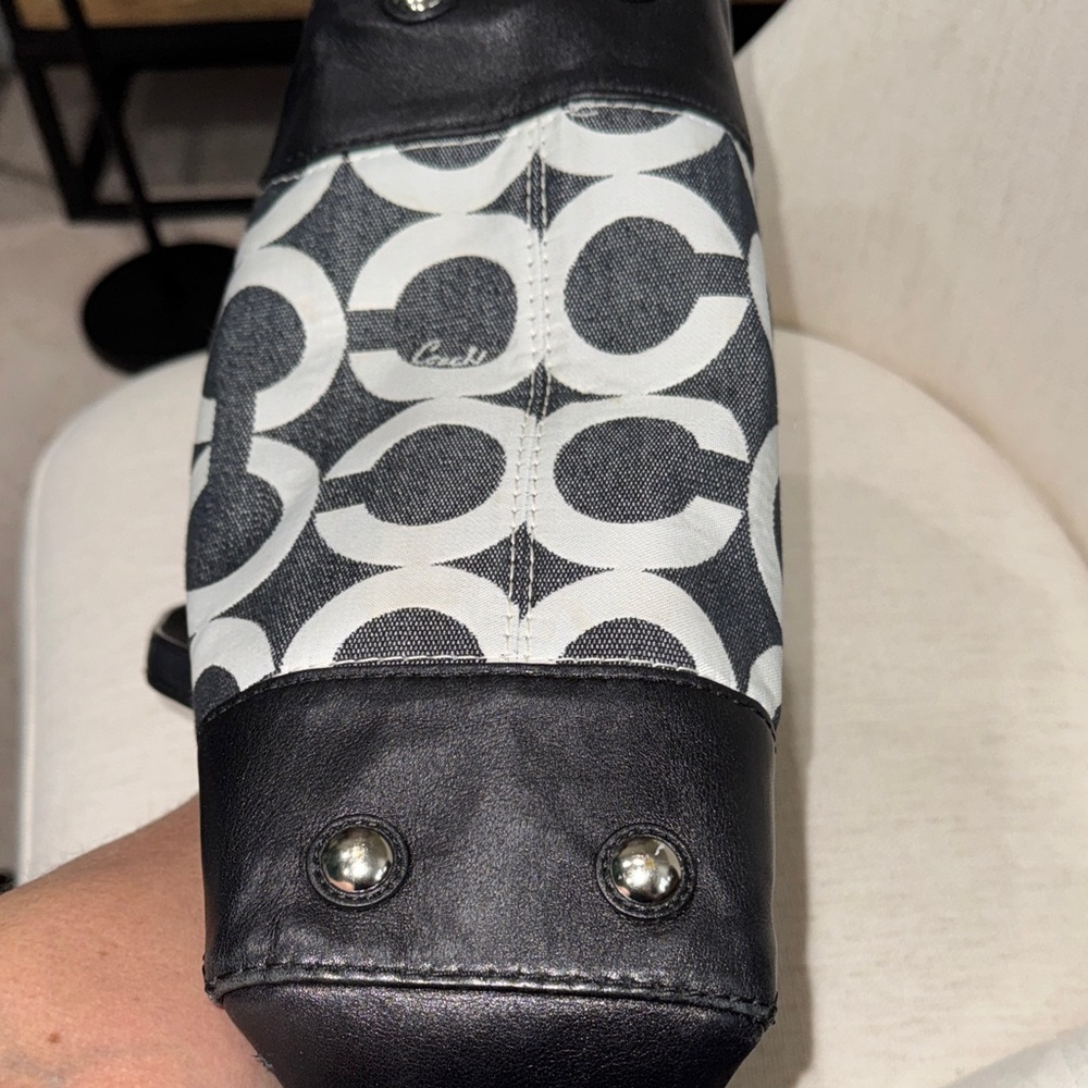 Coach Black Denim and White Signature Circle Satchel - Picture 7 of 13